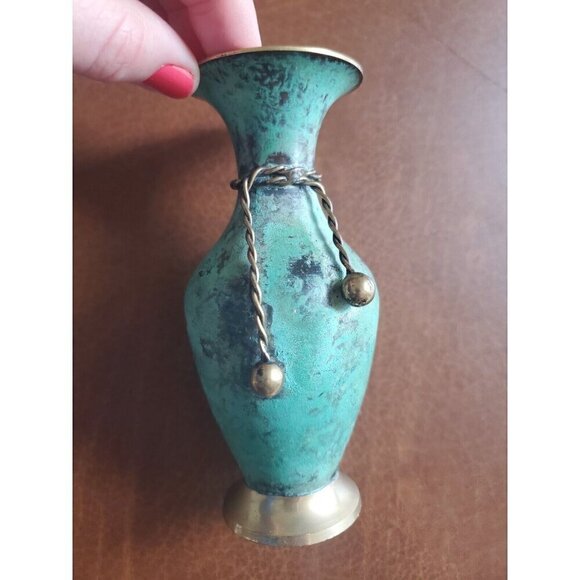 Vintage Solid Brass & Enamel Blue Mini Vase & Pitcher Made In India‎ 5.5" - Picture 5 of 10